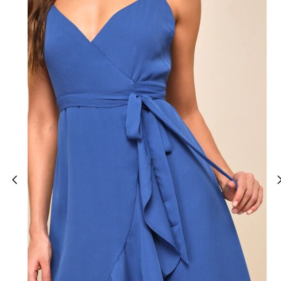 NWT Lulus Manhattan Moment Blue Ruffled Midi Wrap Dress - Picture 6 of 15